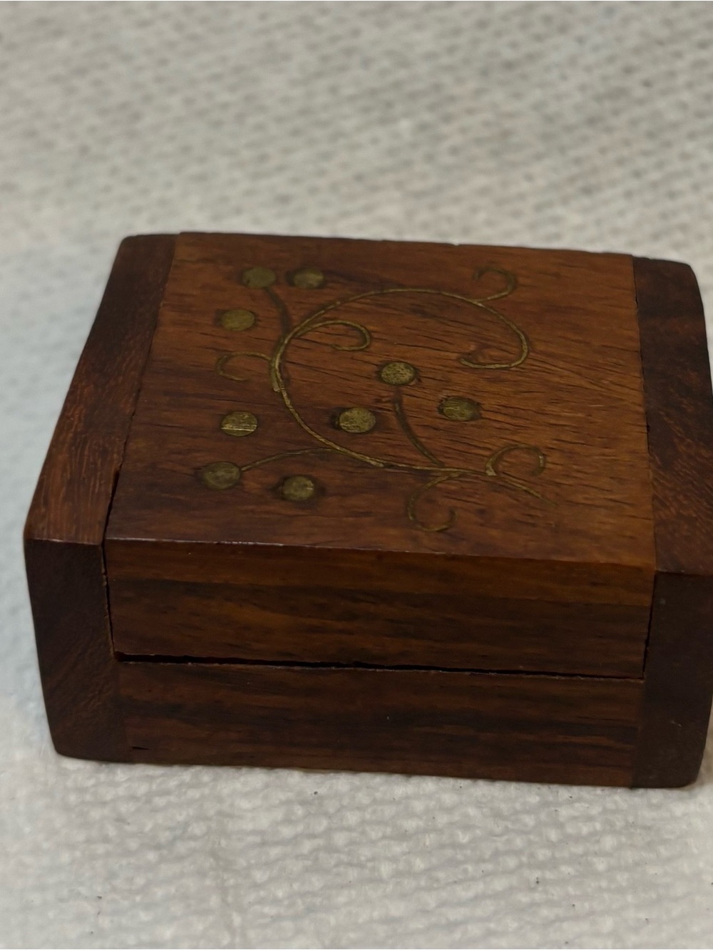 Handcrafted Brown Wooden Trinket Box with Brass Inlay